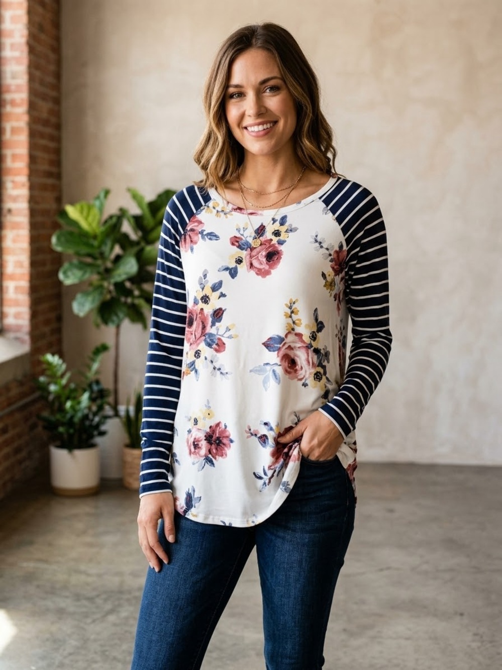Reborn J White Floral Raglan Top with Navy Striped Sleeves